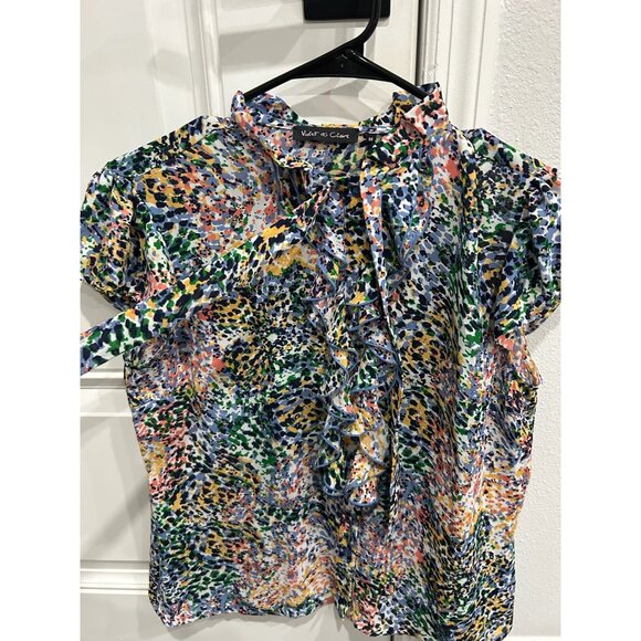 Violet & Claire Ruffle Front Multicolor Abstract Print Blouse Short Sleeve Top - Picture 4 of 11